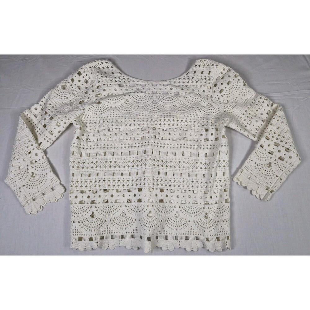 Sezane Top Women's Size Medium White Beige Cotton Long Sleeve Crochet Knit - Picture 2 of 11